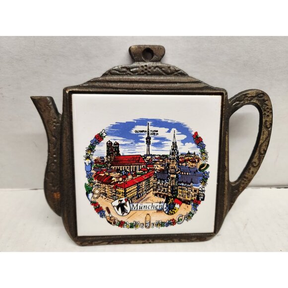 VTG Munich Decorative Teapot Shaped Trivet & Ceramic Tile & Cast Iron Frame 6" - Picture 2 of 6